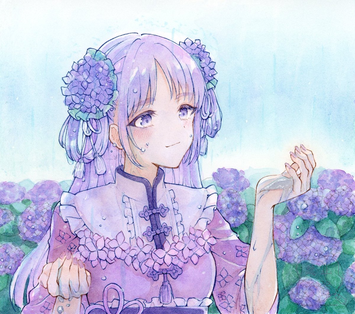 1girl flower hydrangea solo hair ornament purple eyes purple hair  illustration images