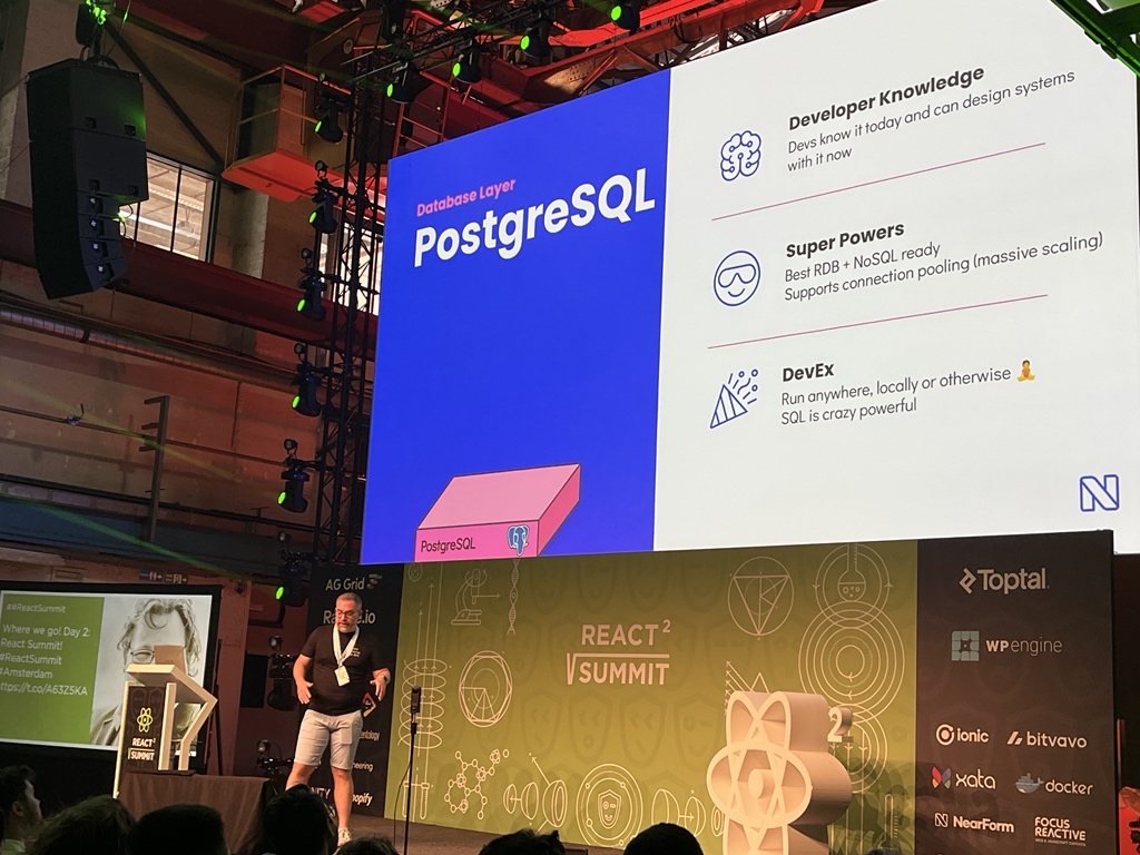 Swizec's tweet photo. “Postgres is the best database”

Strong agree with @codyzus #ReactSummit https://t.co/sR87xSEgvK
