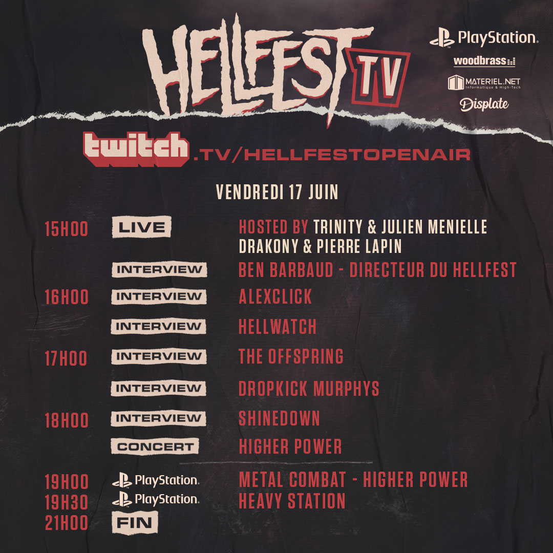 📺 HELLFEST TV : RDV chaque journée du festival sur twitch.tv/hellfestopenair 💥
🎙 <a href="/mythiXTrinity/">Trinity • #Trinitrip 🇻🇳</a> <a href="/jmnl/">Julien Ménielle</a> <a href="/Drakony_/">Drakony 🌙</a> <a href="/pierrelapin/">Pierre Lapin 🇵🇸</a> @AlexclickTv 
🎤 <a href="/offspring/">The Offspring</a> @DropkickMurphys <a href="/Shinedown/">SHINEDOWN</a> <a href="/higherpoweruk/">Higher Power</a> 

💻 <a href="/PlayStationFR/">PlayStation France</a> <a href="/TwitchFR/">Twitch FR</a> 
#hellfesttv #twitchfrance