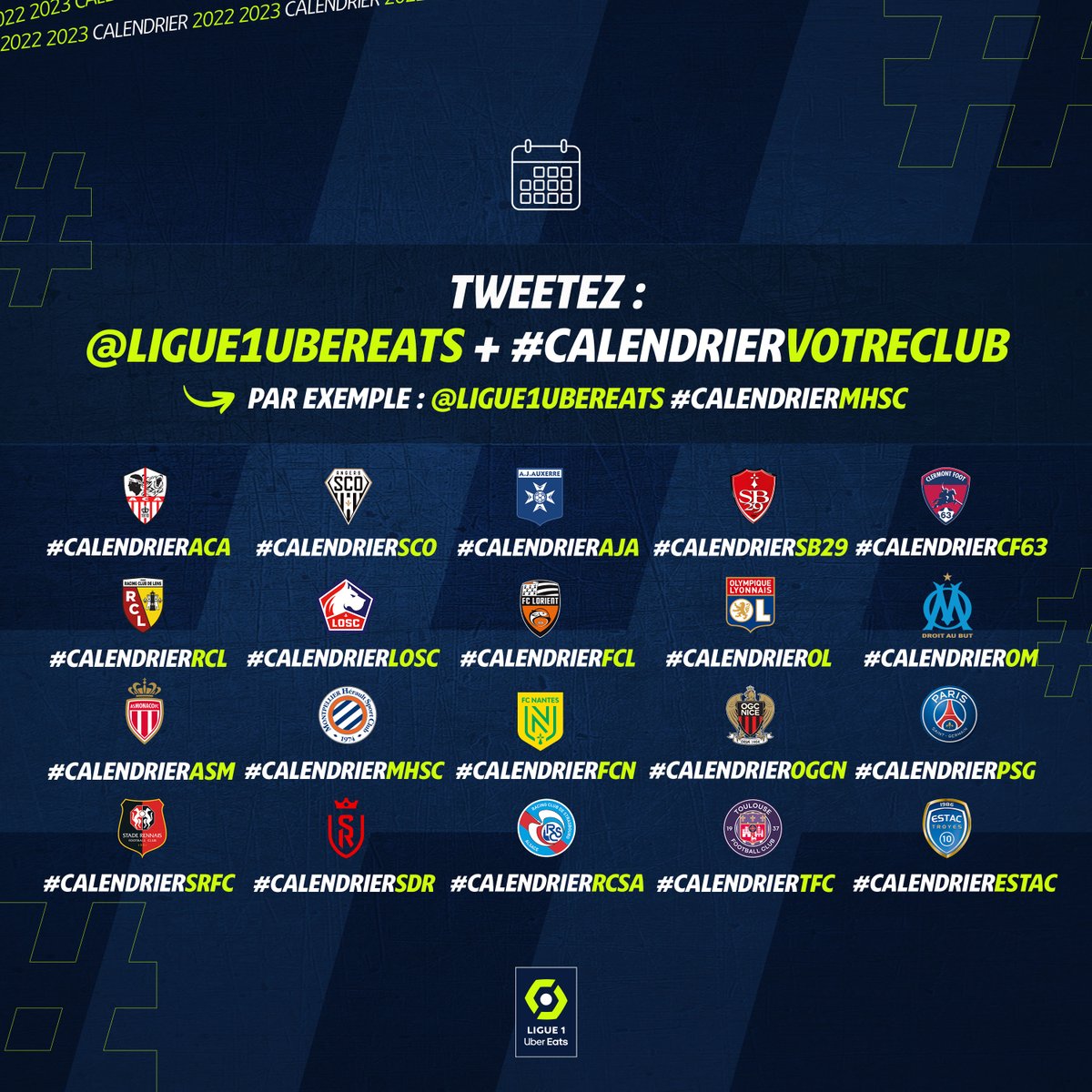 🔛🗓

Découvrez le calendrier de votre club de cœur pour la saison 2022/2023 !

Pour le recevoir, tweetez : <a href="/Ligue1UberEats/">Ligue1UberEats</a> + #CalendrierVOTRECLUB 🎁

#CalendrierLigue1UberEats