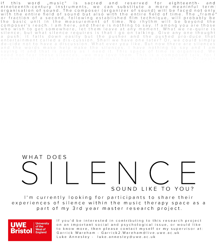 Well with the influx of music therapists following me since #emtc2022 I feel like I have to say interesting things. BUT. What if YOU told me interesting things about your experiences of silence as an MT in improv music therapy for my research?! Garrick2.Wareham@live.uwe.ac.uk