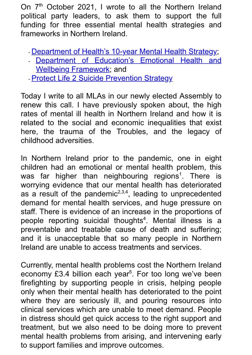 MHC_NI's tweet photo. On Tues, MHC @profsiobhanon sent a letter to MLAs urging that MH services receive increased funding

Services have been firefighting for too long, people are receiving support way past the point of need

MH strategy has the actions needed for improvement but it needs the funding https://t.co/FUKj04Atj3