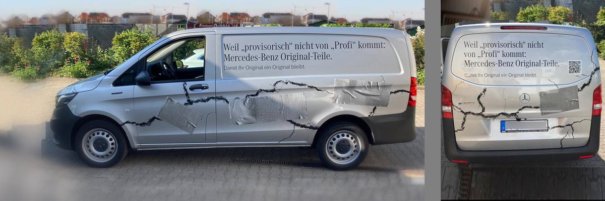 S&amp;G sorgt für „Hingucker” auf Mercedes-Benz Service Parkplätzen! Mit der  (etwas unsauber) „getaped” wirkenden Fahrzeugbeklebung wirbt der MB  Service Vans ab sofort dafür, Original-Teile statt Fremdteile von Drittanbietern zu verwenden.