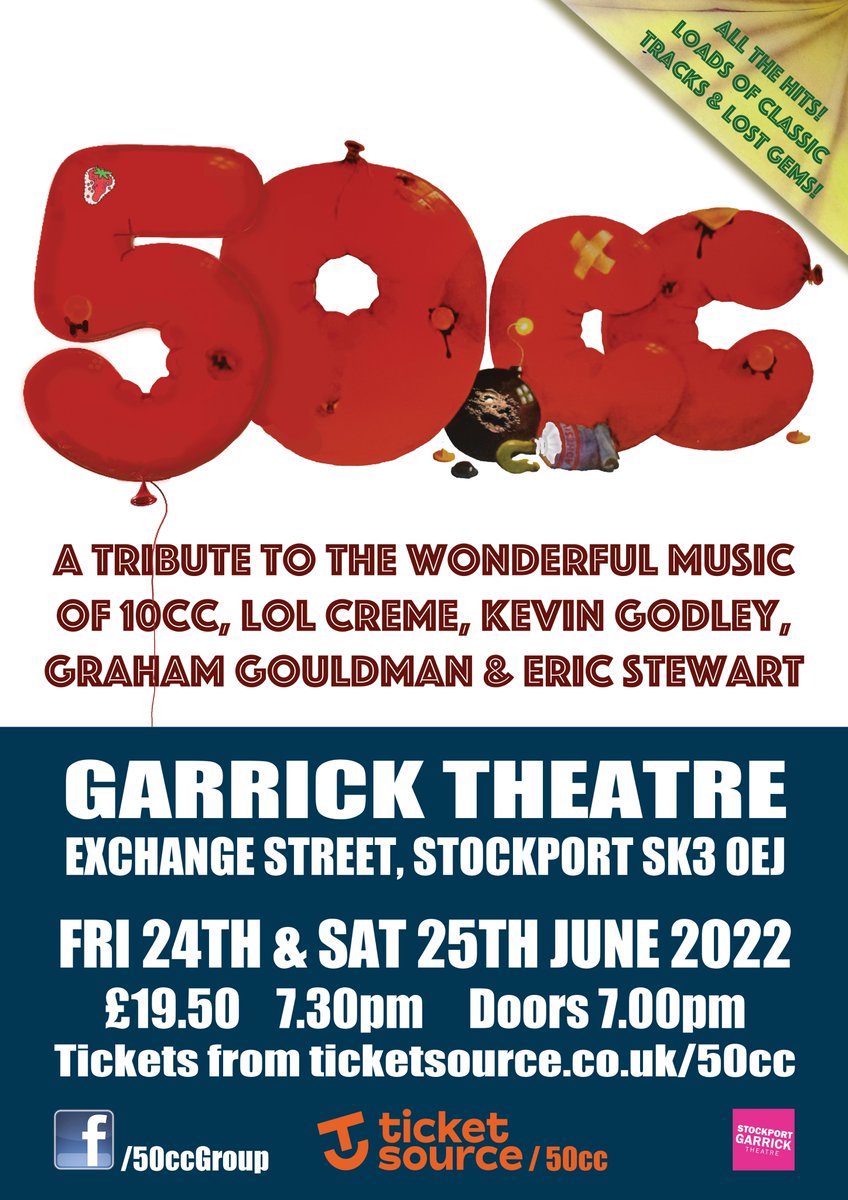 StrawberryNorth's tweet photo. Get ready for a 10cc-tastic weekend in Stockport next week. June 24th + 25th has 50cc concerts in the @GarrickTweet, free guided tours of the Strawberry Gallery in @SMBC_Museums (book at 0161 474 4444) and a free talk by 10cc biographer Liam Newton on June 25th in Syndikat https://t.co/cuMnXLL6XQ
