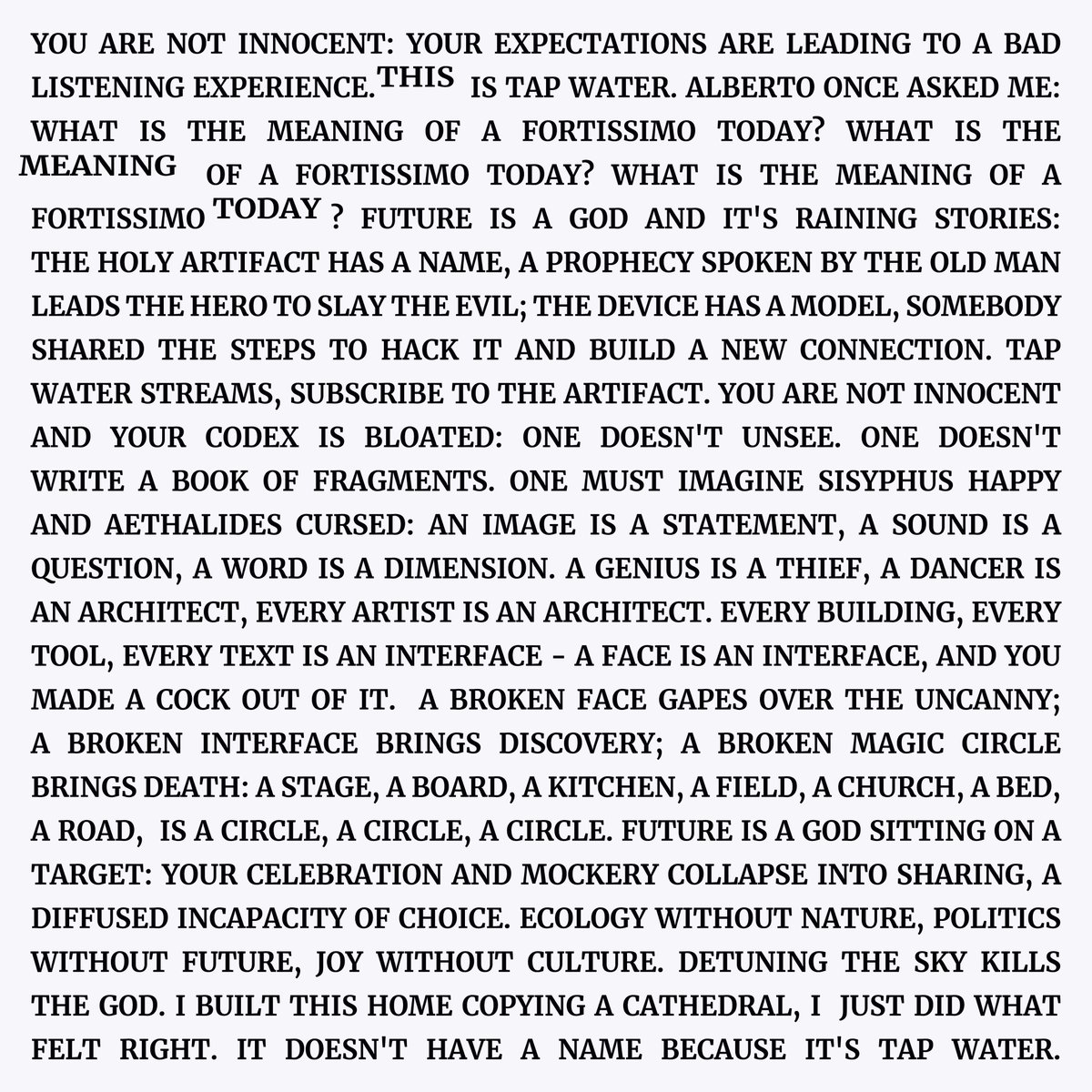 THIS MEANING TODAY
an album by Bienoise

out now on #MillePlateaux
forceincmilleplateaux.bandcamp.com/album/this-mea…

non.copyriot.com/this-meaning-t…

#electronicmusic #glitch #Album #bandcamp 
Every text is an #interface