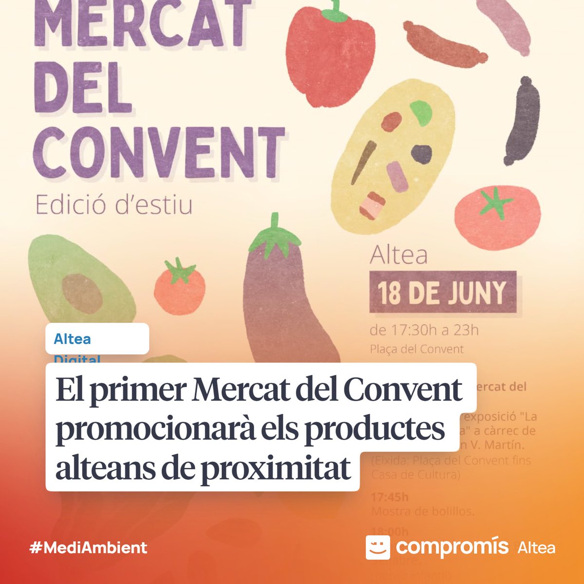 🟠 🍊 El dissabte 18 de juny, en horari de vesprada, tindrà lloc la primera edició del Mercat del Convent 

ℹ comprom.is/Mercat_Convent 

#MediAmbient #Cultura #Altea