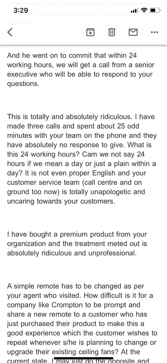 masandvikram's tweet photo. @Crompton_India extremely poor and negligent customer service by your team. Please check upon complaint number 2206111215/01. Do check your call recordings for the apathy and ridiculous conversation. An email sent by me is attached for your perusal. Hoping for quick action. https://t.co/XLO6UW8spN
