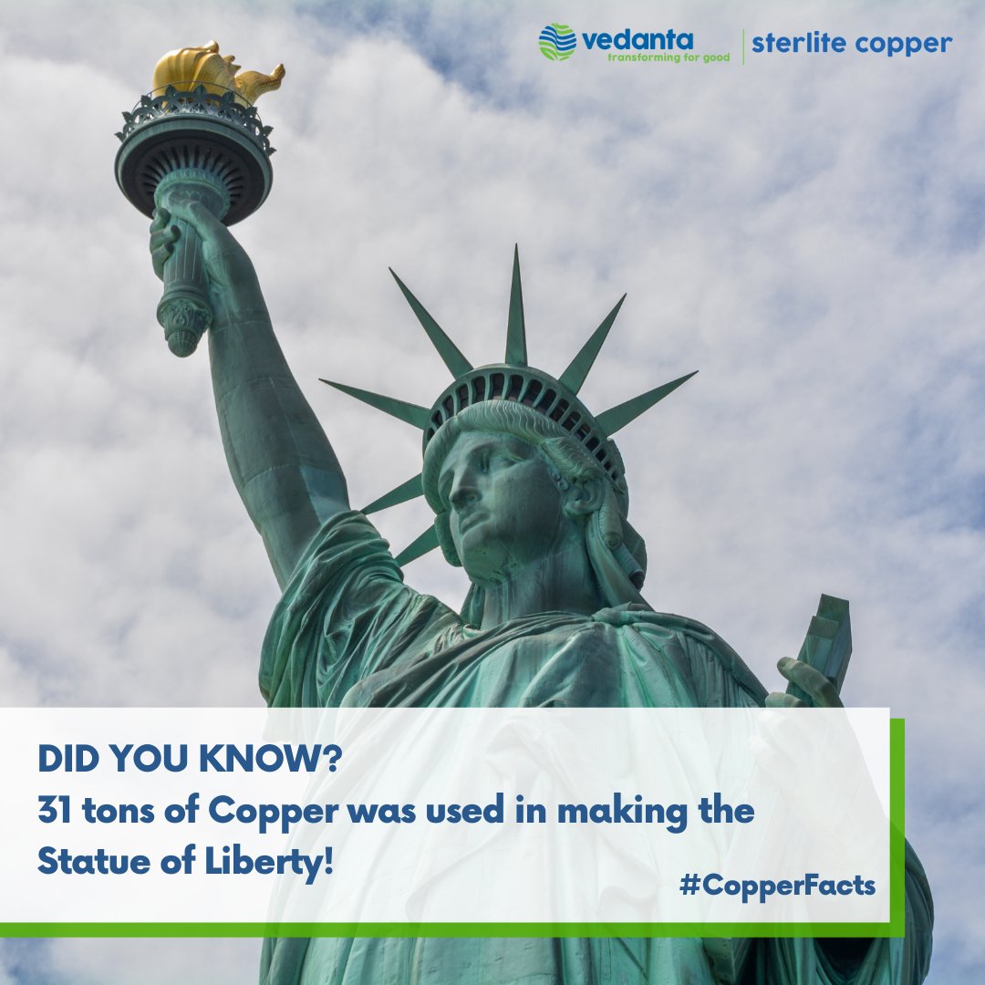 sterlite_copper's tweet photo. Through one hundred years of biting sea winds, driving rains and beating sun, the #copper skin of #StatueOfLiberty has not only grown beautiful but has also remained virtually intact in terms of strength and durability! 
#copperfacts #vedanta #transformingforgood #SterliteCares https://t.co/rwXj9ONfvo