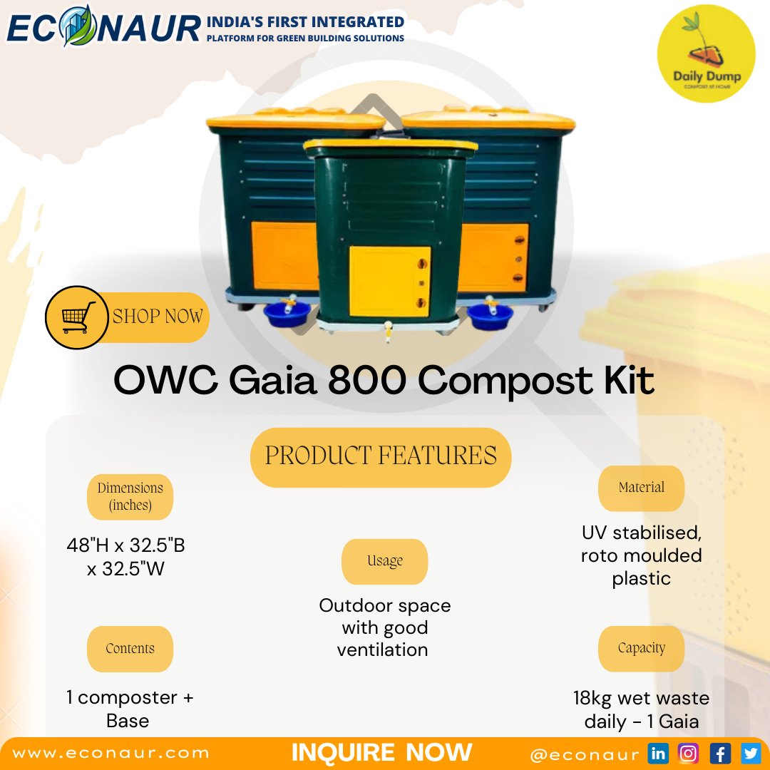 Econaur Official (@econaurofficial) on Twitter photo During the third week of Green-A-Thon we present A Sustainable Waste Management Product - OWC Gaia 800 Compost Kit by Daily Dump. The Gaia is an aerobic 'hot pile' decentralized bulk waste composter.
.
Explore more about the product here - econaur.com/product/owc-ga…
<a href="/Compostwali/">Daily Dump</a> During the third week of Green-A-Thon we present A Sustainable Waste Management Product - OWC Gaia 800 Compost Kit by Daily Dump. The Gaia is an aerobic 'hot pile' decentralized bulk waste composter.
.
Explore more about the product here - econaur.com/product/owc-ga…
<a href="/Compostwali/">Daily Dump</a>