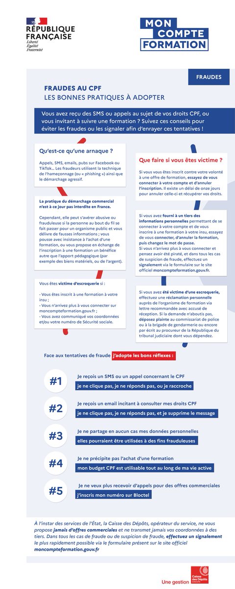 CibcAp's tweet image. [Mon Compte Formation]

Attention aux arnaques Mon Compte Formation (CPF) qui se multiplient.

Vous ne pouvez pas être sollicité par une personne de la plateforme via un appel téléphonique, l’envoi d’un mail ou d’un sms. 

👉 Découvrez les bonnes pratiques à adopter