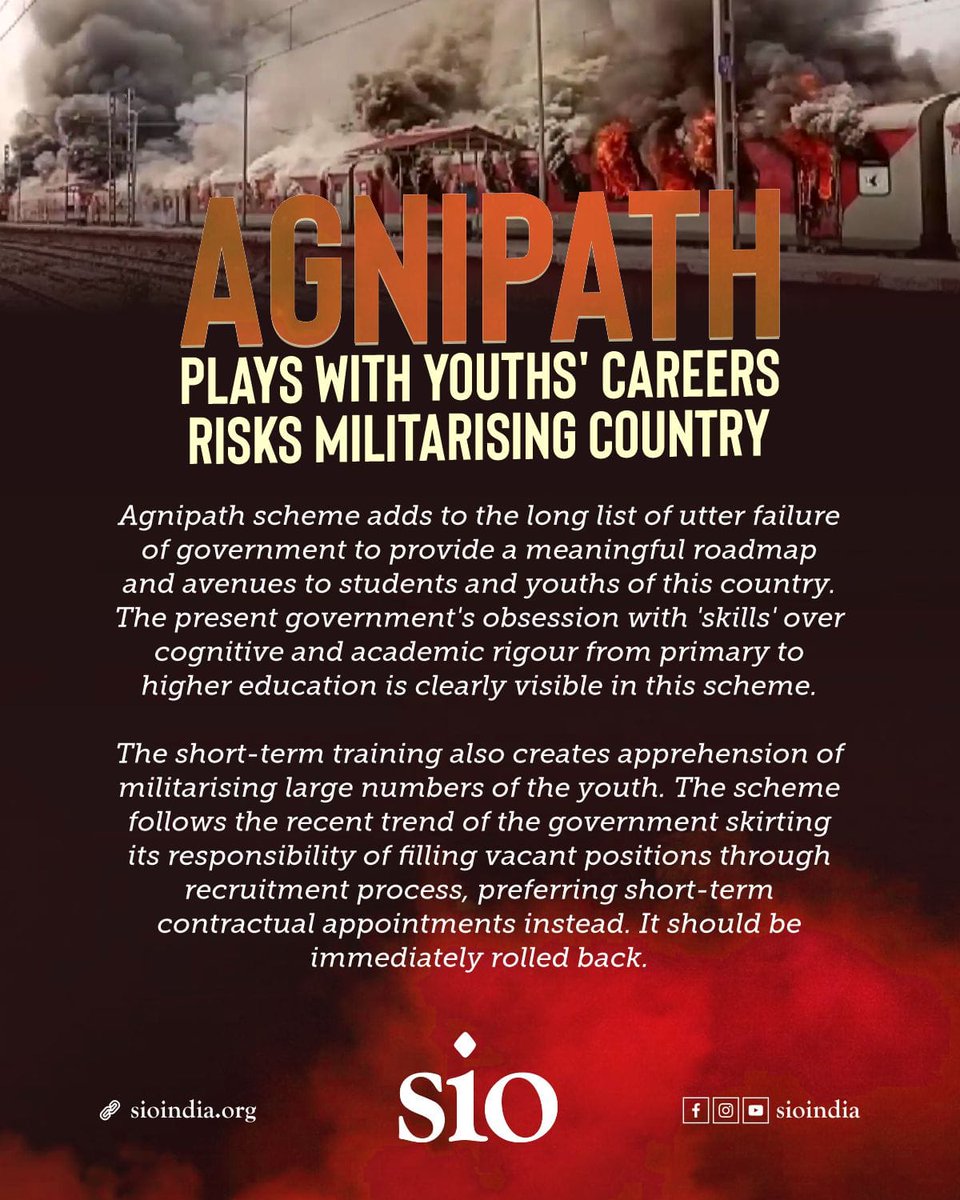 #AgnipathScheme adds to the long list of utter failures of govt to provide a meaningful roadmap &amp; avenues to students and youths. 
It also creates apprehension of militarising large numbers of the youths without giving them regular employment or a stable future.
#Agniveers