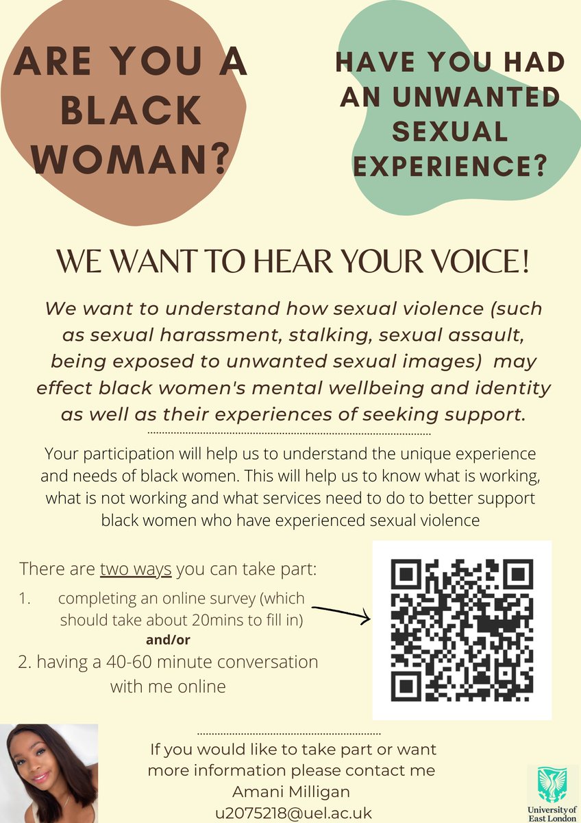 I am a Trainee Clinical Psychologist researching the impact of sexual violence on Black women’s mental wellbeing &amp; identity. 

Your voice is important &amp; will help us understand what needs to be done to better support black women. 

Please share!