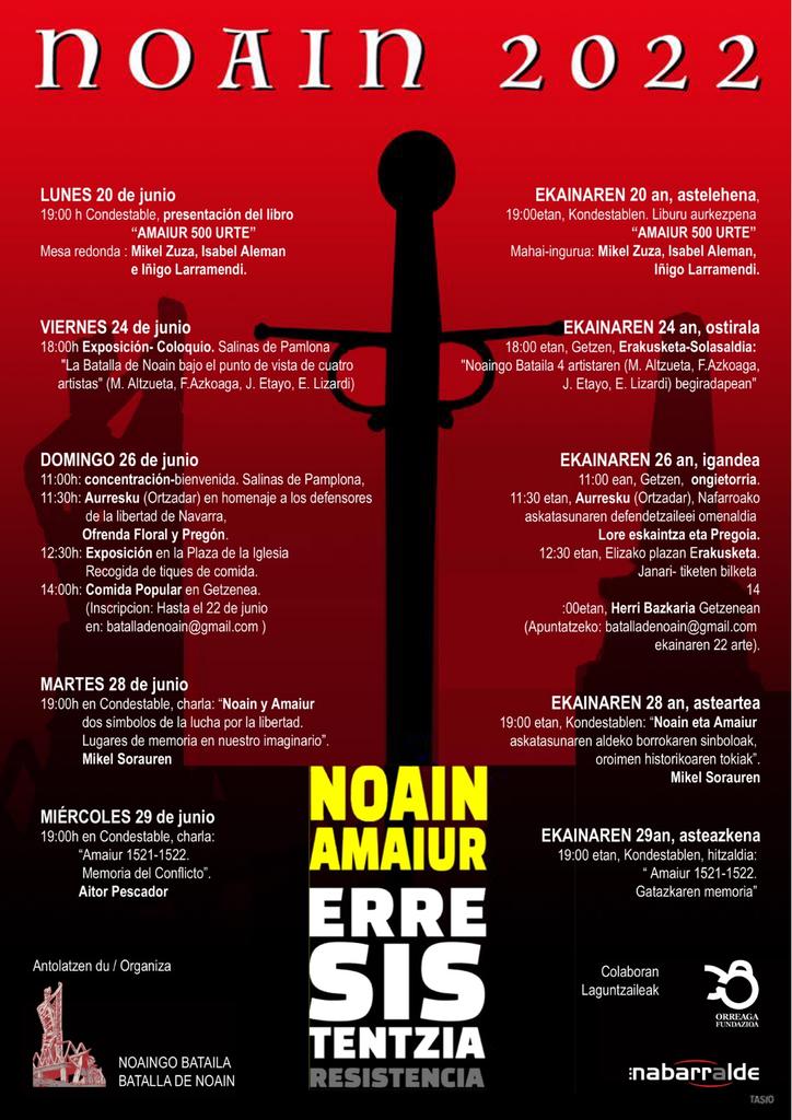 500Urte's tweet photo. Programa preparado por la @500Urte para los actos conmemorativos de la #batalladeNoain 
Empiezan este lunes, 20 de junio con una Mesa Redonda / Presentación de Libro (Amaiur 500 urte), a las 7 de la tarde en el Palacio del Condestable.  #Orreaga Fundazioa y @Nabarralde https://t.co/TRnlNENT21