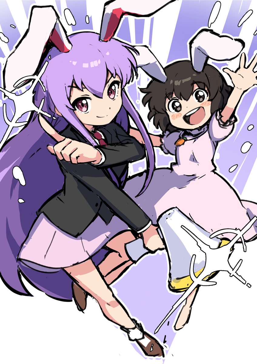 inaba tewi ,reisen udongein inaba multiple girls 2girls animal ears rabbit ears long hair pink dress purple hair  illustration images