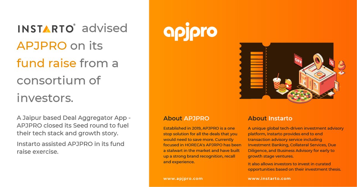 InstartoOffical's tweet photo. #instartodealalert:Pleased to share that INSTARTO acted as an exclusive advisor to APJPRO on its successful Seed round. 
APJPRO an amazing deal aggregator based out of Jaipur has set high standards in ensuring seamless services to its dynamic customer base.
#instarto #fundraising https://t.co/HT60tDPHiU