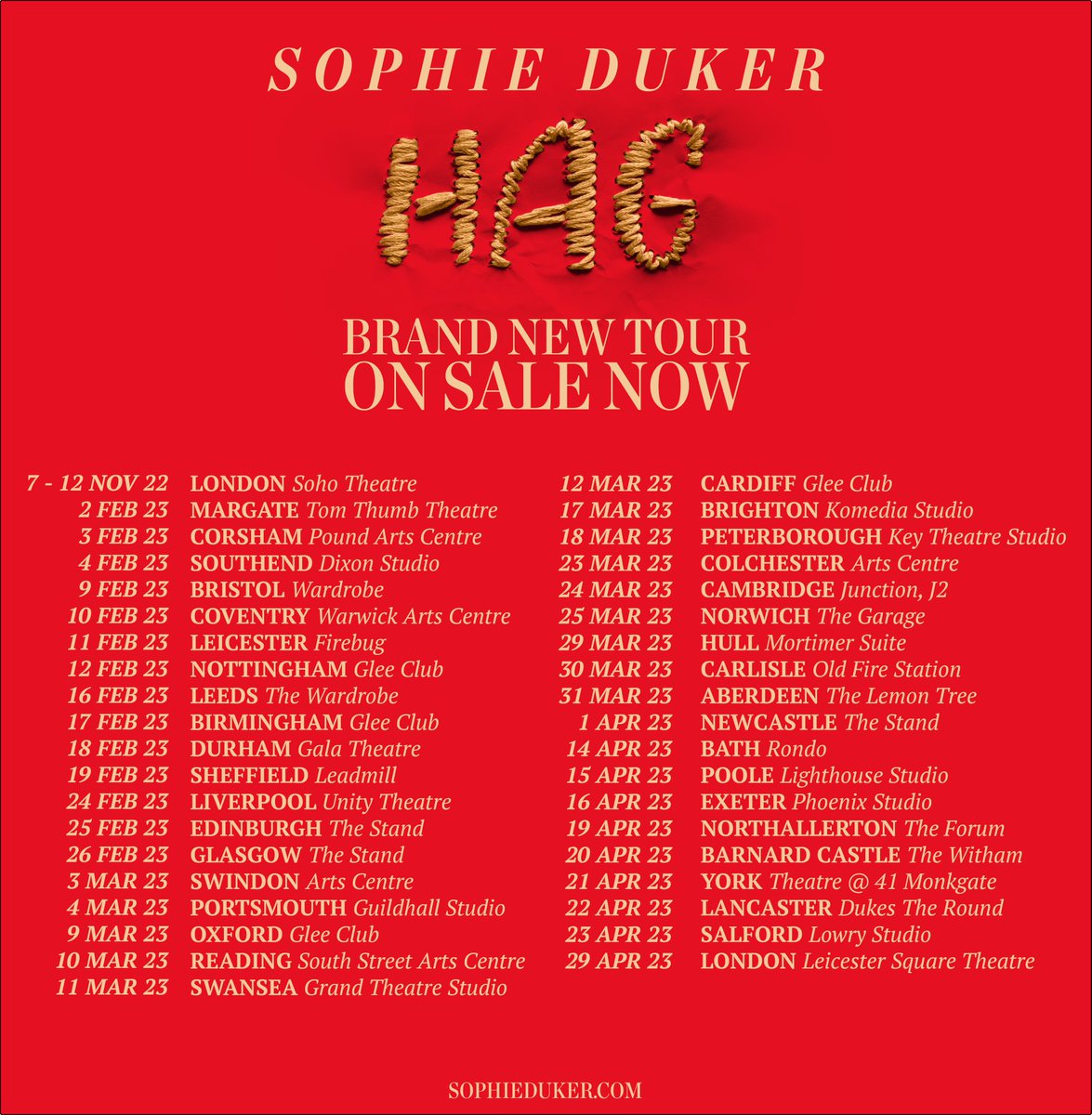 THIS LITTLE HAG 🌹
IS GOING ON TOUR ❤️‍🔥
AND TICKETS ARE FINALLY AVAILABLE😍

RETWEET THIS, LOCK OFF THE DATES - AND, I BEG YOU - GET IN EARLY &amp; BUY THOSE TICKETS!!!

LOVE YOU ALL! DO IT NOW 😵‍💫🤪🥳
SOPHIEDUKER.COM/CALENDAR
(while i recover from bloody WINNING #Taskmaster)