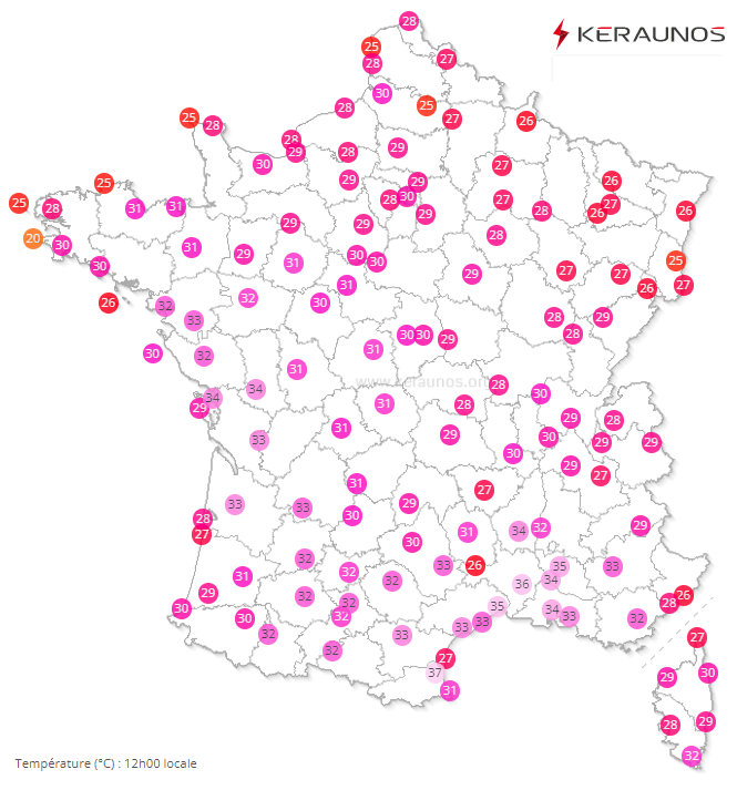 A midi, sur le réseau principal, les 35°C sont dépassés à #Nîmes, #Montpellier ou #Perpignan. Jusqu'à 37°C dans les Corbières ou sud des PO.
Ils sont localement approchés dans le centre-ouest, Charente-Maritime par exemple.
Les 30°C sont dépassés sur les 3/4 du pays. #canicule 