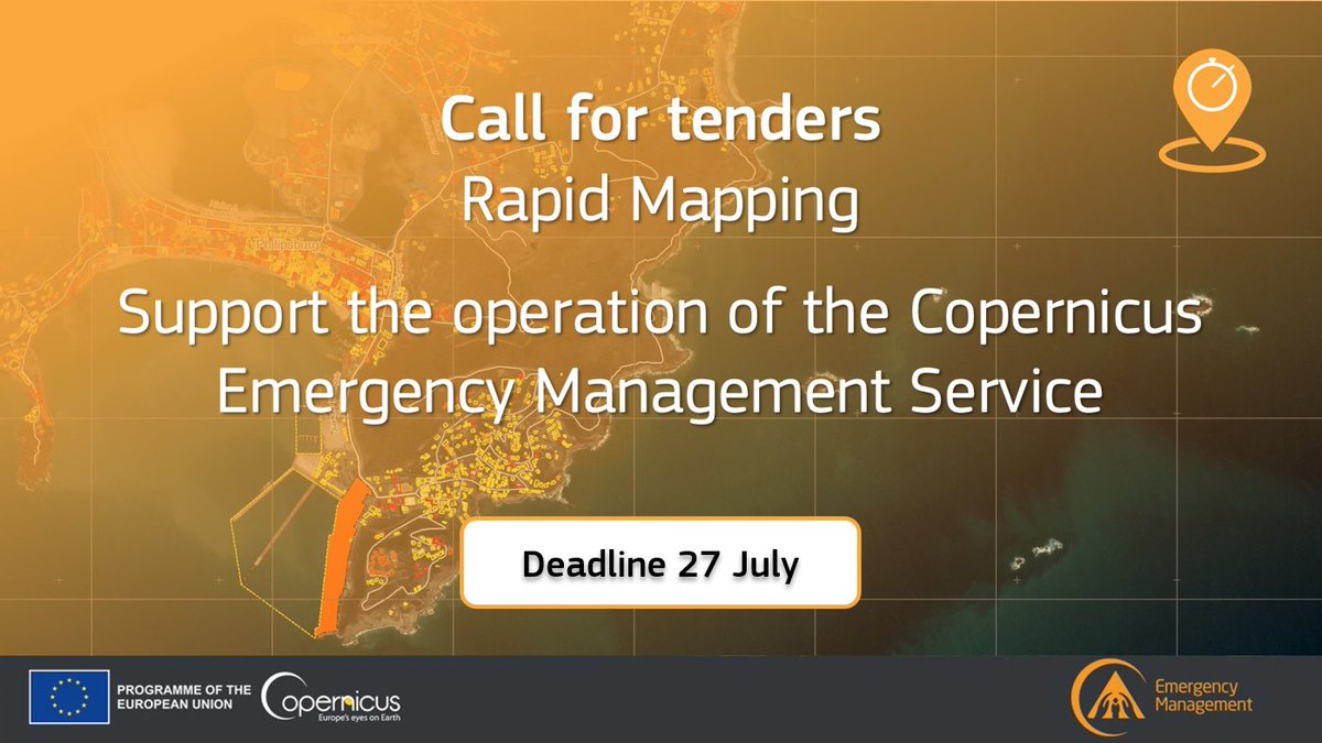 Copernicus EMS (@copernicusems) on Twitter photo 📢Important <a href="/EU_ScienceHub/">EU_ScienceHub</a> #CEMS Call for Tender
➡️The objective is to support our Rapid Mapping activities in the aftermath of disasters to facilitate informed decision-making
📅Deadline for submission: 2⃣7⃣ July
More at👇
emergency.copernicus.eu/mapping/ems/ca… 📢Important <a href="/EU_ScienceHub/">EU_ScienceHub</a> #CEMS Call for Tender
➡️The objective is to support our Rapid Mapping activities in the aftermath of disasters to facilitate informed decision-making
📅Deadline for submission: 2⃣7⃣ July
More at👇
emergency.copernicus.eu/mapping/ems/ca…