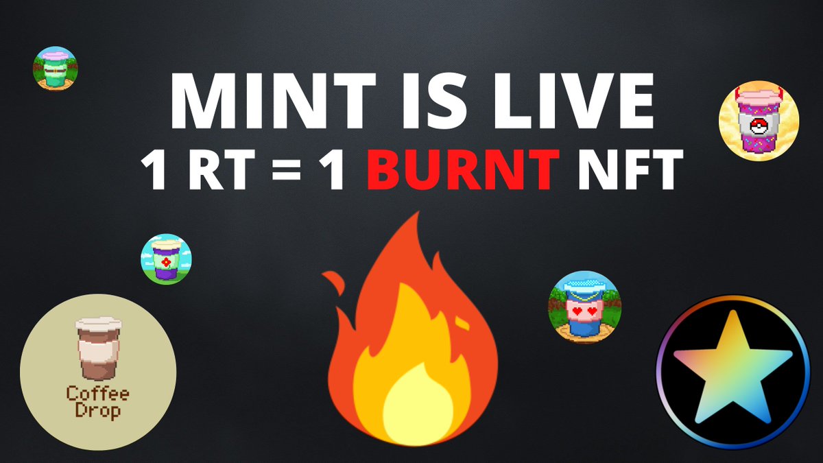 Hello ☕️

Mint is going slowly, so we decided to burn some of our #NFTs! 

🔥🔥🔥 1 RT = 1 BURNT #NFT 🔥🔥🔥

It depends on you how many Coffee Drop #NFT we burn today.

Time: 48H ⏰

Grab your Coffee now 👇
app.stargaze.zone/launchpad/star…