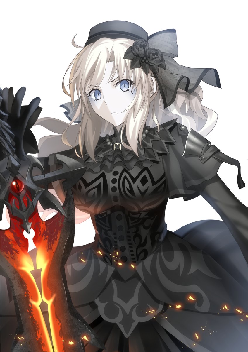 1girl black dress dress weapon sword black flower mole under eye  illustration images