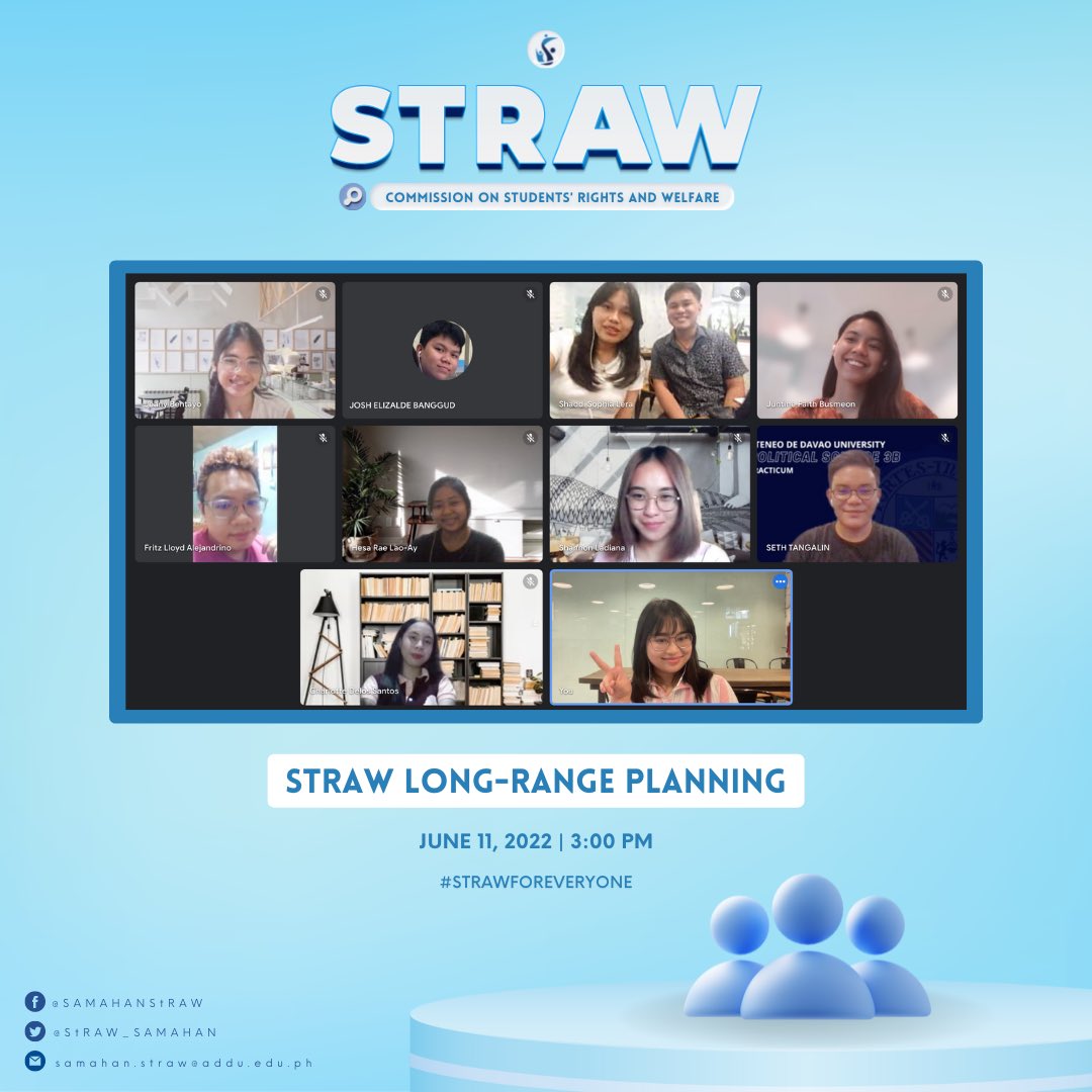 StRAW_SAMAHAN's tweet photo. Ateneo, we are ready to serve you this AY 2022-2023! ๐
Last June 6 and June 11, 2022, the Studentsโ Rights and Welfare (StRAW) Commission conducted their 1st General Online Meeting and Blended Long-Range Planning.
#StRAWForEveryone ๐ฅ
#HereAndNow โก๏ธ https://t.co/8bM8FfWO1Z