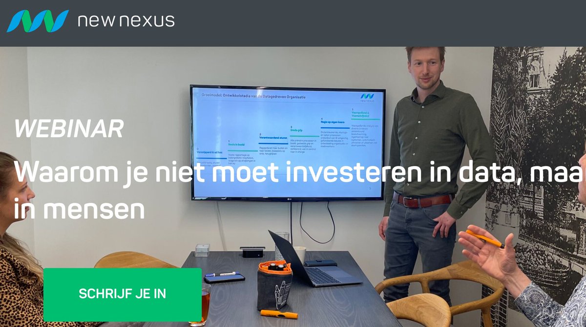 Investeer niet in data! Waarom niet? Dat ontdek je in ons -gratis- webinar op 7 juli door collega Koen van Toly. Hij neemt je mee in de 5 volwassenheidsniveaus van datagedreven, een praktische roadmap voor jouw organisatie. Inschrijven kan nu: newnexus.nl/webinar/waarom…