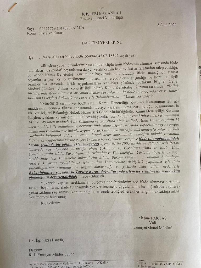 1-) İçişleri Bakanlığı adli kolluğun işlemleri ile ilgili bir yazı göndermiş birimlerine. Soruşturmada avukat yardımını zayıflatmak/ortadan kaldırmak için yazılmış bir yazı. Avukatsız bir yargı hayali her muktedirde vardır. Peki neden avukat gerekiyor? Nedir bizim derdimiz?