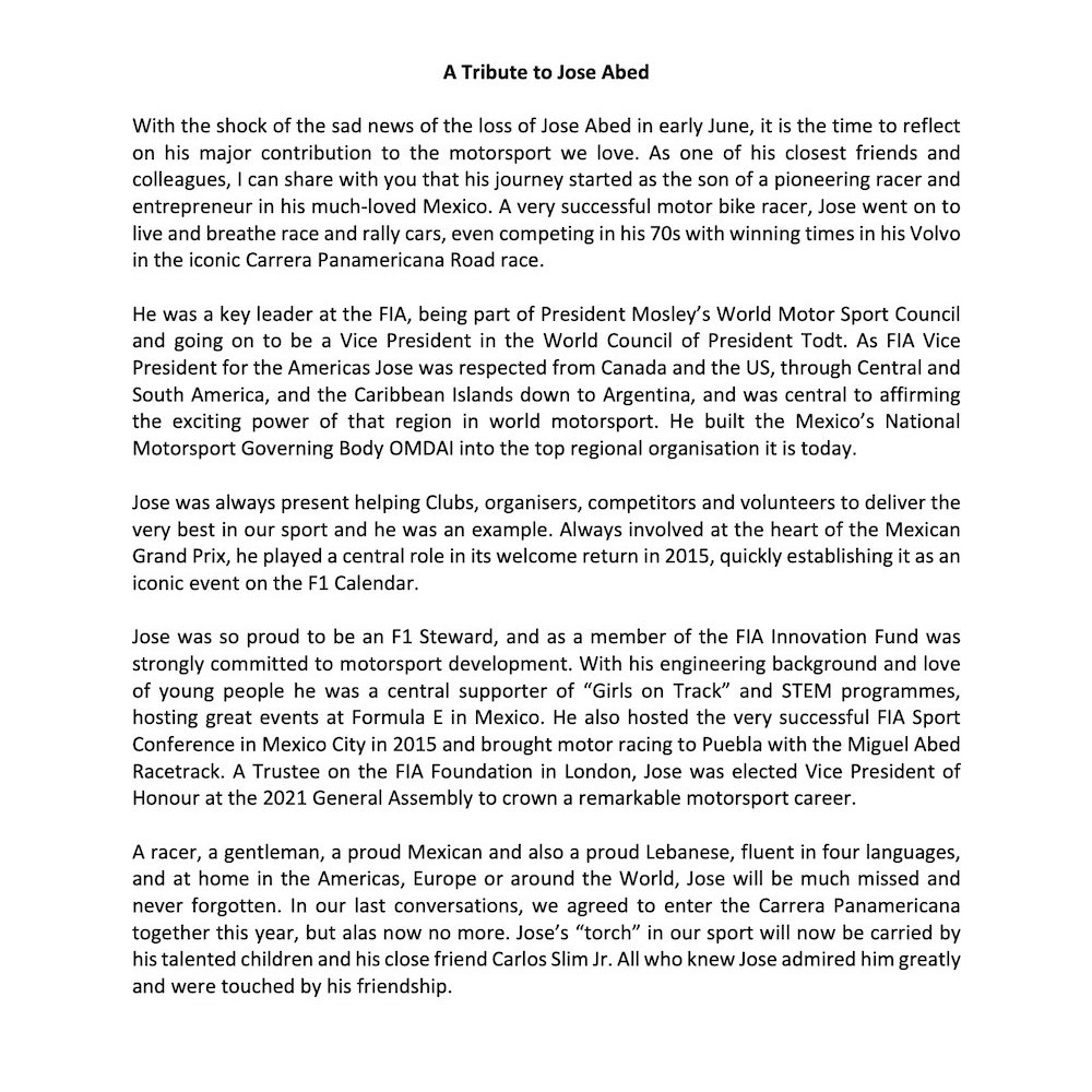 GrahamStoker21's tweet photo. Following the sad news of Jose Abed’s passing in early June, I wanted to reflect on his major contributions to motorsport and pay tribute to his work as former @FIA Vice President for the Americas and the driving force behind Mexico’s @OMDAIMX https://t.co/aiT6gH90TP