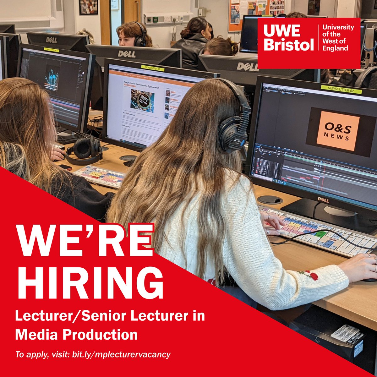 📢 WE'RE HIRING! 📢

Come and join our lovely Media Production team here at <a href="/uwebristol/">UWE Bristol</a> and help train the next generation of media producers and digital storytellers!

Apply here: bit.ly/mplecturervaca…

#uwebristol #lecturerjobs #academicjobs #mediaproduction #universityjobs