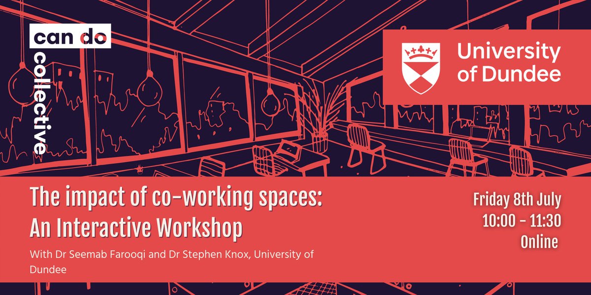 Do you have experience with co-working spaces? Share your thoughts!

Come along to the Impact of Co-working Spaces: An Interactive Workshop with Dr Seemab Farooqi and Dr Stephen Knox from <a href="/dundeeuni/">University of Dundee</a>

⏰ 8th July 10:00 - 11:30
📍 Online 
🎫 Free

Register: bit.ly/3zFDAwt
