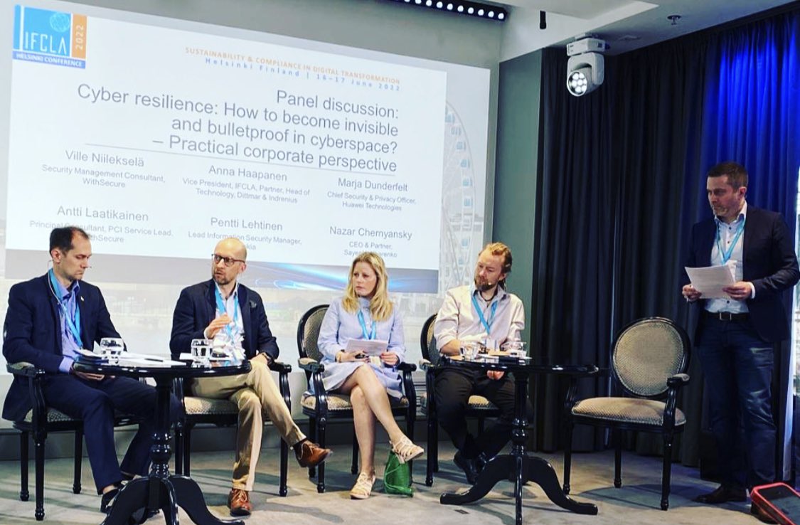 What an honor to have Nazar Chernyavsky, Attorney and CEO of Ukrainian Sayenko Kharenko and cybersec experts Pentti Lehtinen of <a href="/nokia/">Nokia</a> and Antti Laatikainen and Ville Niilekselä of <a href="/WithSecure/">WithSecure™</a> talk Cyber resilience and how to become invisible and bullet proof in cyberspace!#IFCLA