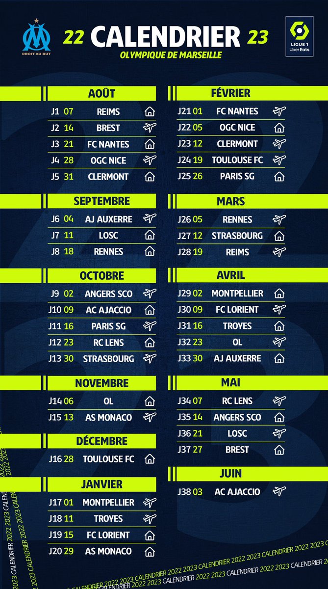 AzordPocket's tweet image. Le calendrier complet de L'om en Ligue 1 ! 📅 (@OM_Officiel) #OM #Marseille #TeamOM #Ligue1UberEats