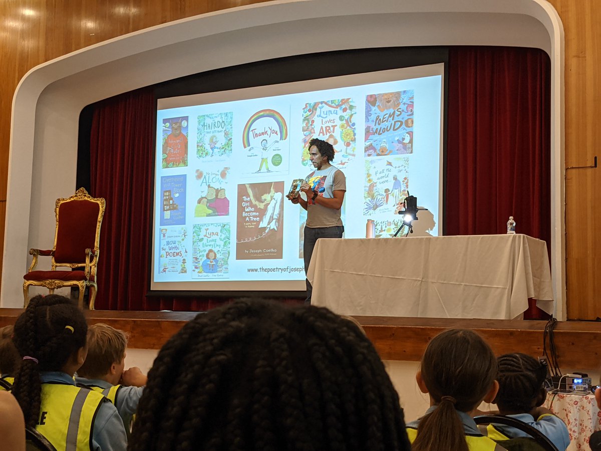 What a brilliant way to spend a Friday! Year 6 are at the Barnes Literature Festival listening to best-selling author @JosephACoelho #readingforpleasure