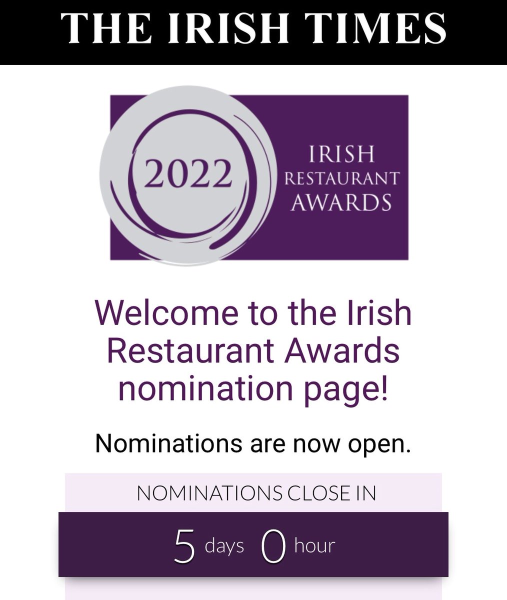 restawards's tweet photo. 🚨5 Days to go!

Nominate your favourite hospitality establishment for the Irish Restaurant Awards 2022.

Vote now via the Irish Times-
https://t.co/QVSxBuGyKx

#FoodOscars https://t.co/HyoDq0OYvY