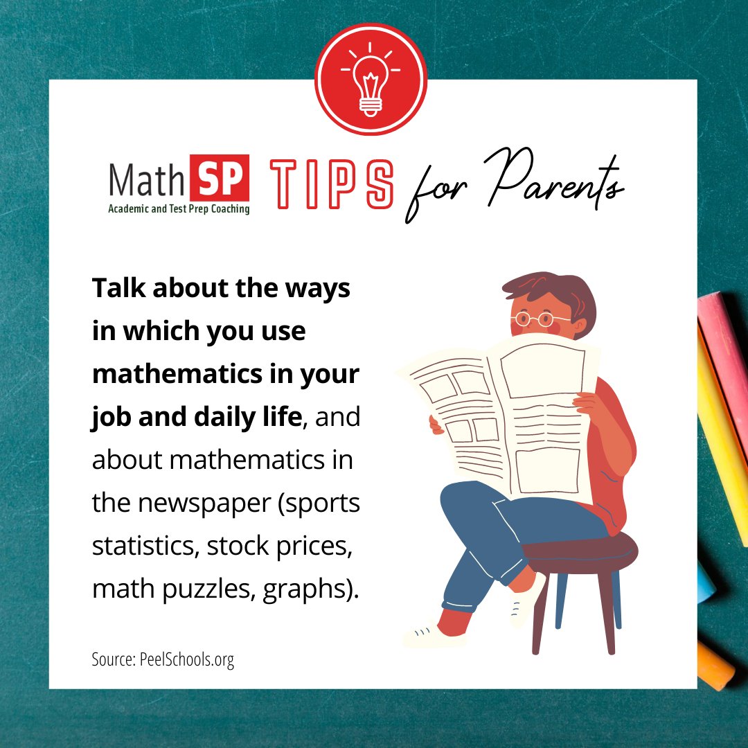 MathSPAcademy's tweet photo. MATH TIP for Parents 💡 

Talk about the ways in which you use mathematics in your job and daily life, and about mathematics in the newspaper (sports statistics, stock prices, math puzzles, graphs). 📰 

Learn more about the #MathSP coaching method 👉 https://t.co/u2TIBbYnz8 https://t.co/0a2KPo011u