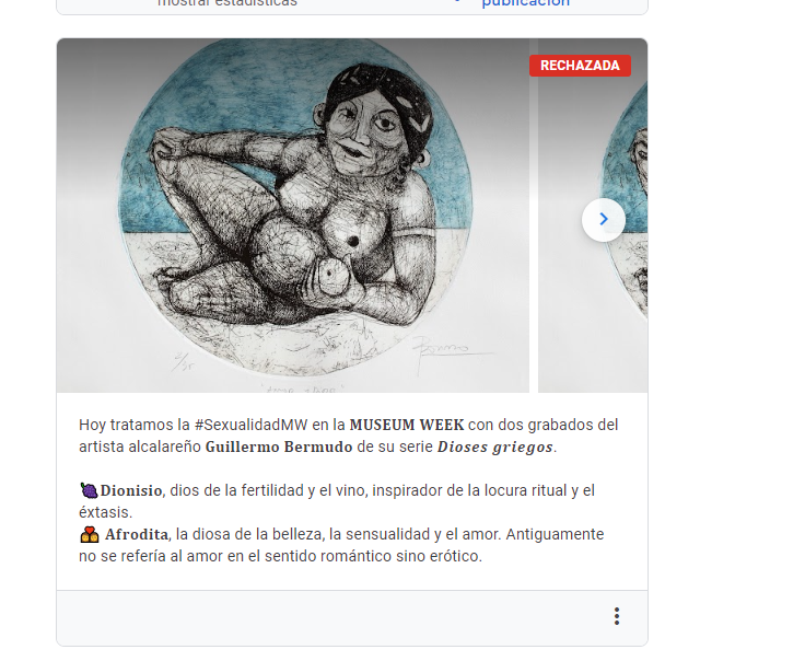 MuseoAlcala's tweet photo. Ayer hablábamos sobre #Sexualidadmw en la @MuseumWeek Hoy nos encontramos con esto 👇¿Alguna explicación de por qué ha sido rechazada esta publicación? #desnudezyarte #tetas @MuseoCadiz  @AmigosdeMuseos @MuseoBASe @CA_DOLMENESATQ https://t.co/zrEMZbuUbM