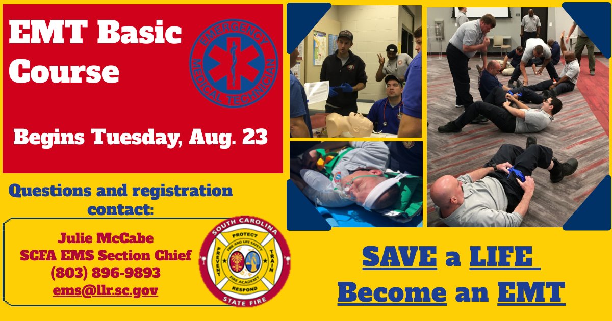 SCStateFire's tweet photo. The EMT Basic Course (1820-23001)is being offered at the SC Fire Academy. #Signuptoday #SCEMT
Register: https://t.co/wHxXM29ueW https://t.co/gfhaIoqd3K