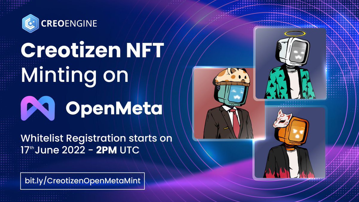 📢 Join the 'Creotizen NFT Minting' Event, starting on 17th June 2022 at 2 PM UTC! The 'Creotizen' NFT works as Universal Boosters on all CreoPlay games. 

⚡️Get your Creotizen NFT whitelist spot by registering on bit.ly/CreotizenOpenM…

⚠️LIMITED TO 5000 WL SPOTS!🚀