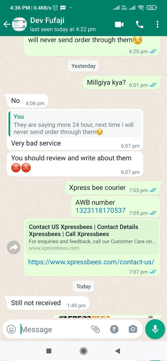 SanskarKedia1's tweet photo. @XpressBees_IN It is showing out for delivery at 11:00 am and my customer has not got his order till now 1323118170537
Customer about Xpressbee https://t.co/LuI2uXpw7g