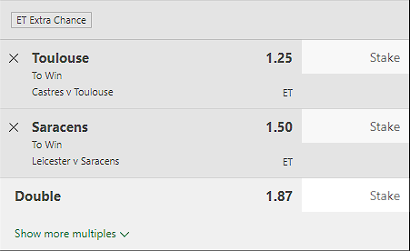🏴󠁧󠁢󠁥󠁮󠁧󠁿 🇫🇷  Premiership Rugby &amp; Top 14 Moneyline Parlay 🏉 #Top14  #GallagherPrem
Play : 💫 Saracens 2 Way ML &amp; 🔴⚫️Toulouse 2 Way ML -115 / 1.87$ ( Bet365 ) Risking 1.725u to Win 1.5u
Writeup to come later ✍️, GL if tailing