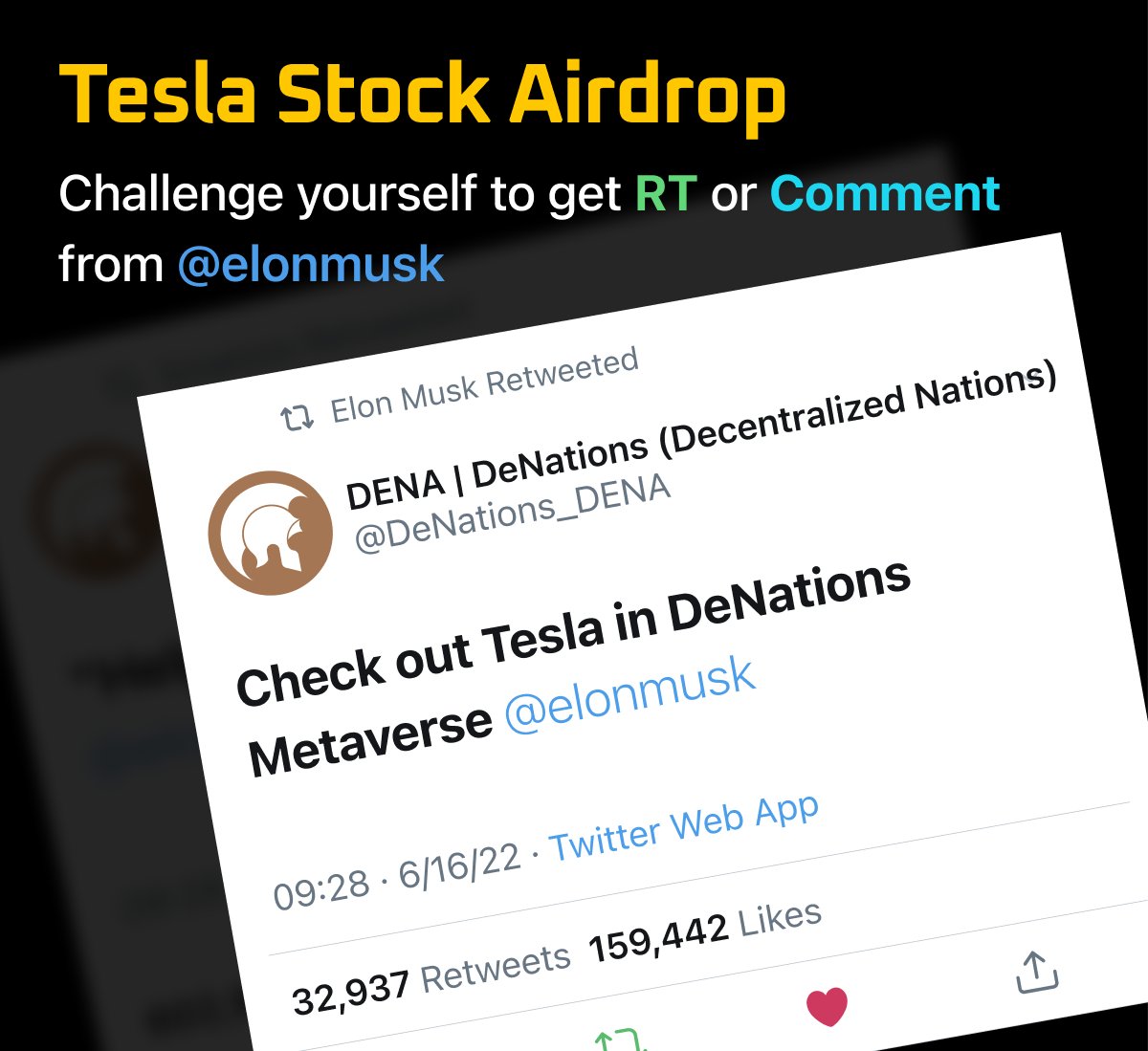 🚀TESLA STOCK AIRDROP🚀
Join Event: bit.ly/3HxvojF

🎁Prize
4 Shares of Tesla Stock (Stock Voucher NFT)
(USA) Lvl 2 Land Mint Pass x3

📌How to Win
Participate "Tweet" mission from gleam. Get RT or Comment from <a href="/elonmusk/">Elon Musk</a>

⏱End date
Jun 23rd, 8:00AM UTC

#NFT #Airdrop