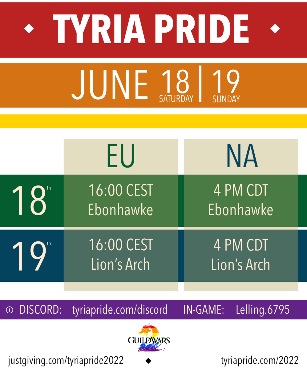 GuildWars2's tweet photo. Tyria Pride begins tomorrow! This community-run #GuildWars2 event celebrates the LGBTQ+ community and allies both in and out of game, and raises funds for @RainbowRailroad. Get all the details here: https://t.co/JAtsidV5iy https://t.co/YlsRIxaho3
