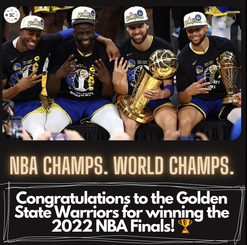 SPORTSCASTERSSC's tweet photo. Congratulations to the Golden State Warriors on winning the 2022 NBA Finals! And Stephen Curry on being named Finals MVP!

Will the Warriors win next year 👀?  Comment Below ⬇️
.
.
. 
#nbachamps #finals #stephencurry #warriornation #explore #goldenstatewarriors #nba #dubnation https://t.co/lgu9NgfEpq