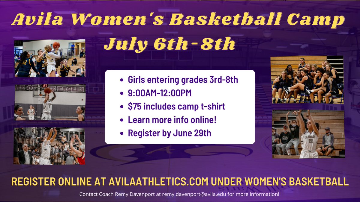 Avila_WBBall's tweet photo. It’s almost that time!! Make sure you get signed up for our youth camp July 6-8 in Mabee Fieldhouse!! You can sign up online at https://t.co/GQUHrzwyZZ! https://t.co/GiT3Upj2wH