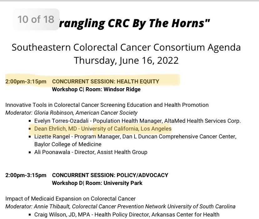 DeanEhrlich_MD's tweet photo. Honored to speak on Health Equity and Innovation in CRC Education and Awareness at the @se_crc symposium #22SECRCCTX

Incredible conference on CRC prevention. Loved meeting new friends, hearing from cancer survivors, and learning about creative ideas in the space. 

#GITwitter https://t.co/ADwInMaTv8