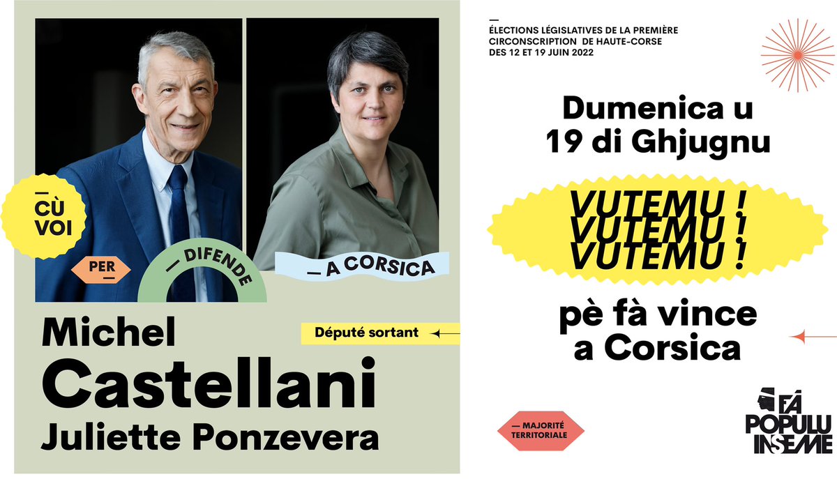 Per l'interessu cumunu ch'avemu sempre difesu, 
Per l'autunumia,
Per a nostr’ecunumia, a nostra vita suciale, a nostra lingua, u nostr’ospitale, e nostre cumune, e nostre imprese !
Per una sucetà libera è demucratica,
Per apre l'avvene di a Corsica è di a so giuventù : 
VUTEMU !