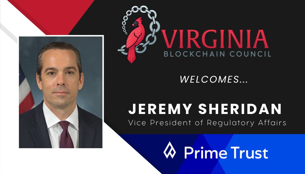 VABlockCouncil's tweet photo. The Virginia Blockchain Council would officially like to welcome Jeremy Sheridan to the council. Sheridan currently serves as the Vice President of Regulatory Affairs at Prime Trust, leading the financial infrastructure company’s regulatory operations. https://t.co/O9LG9c7s0y