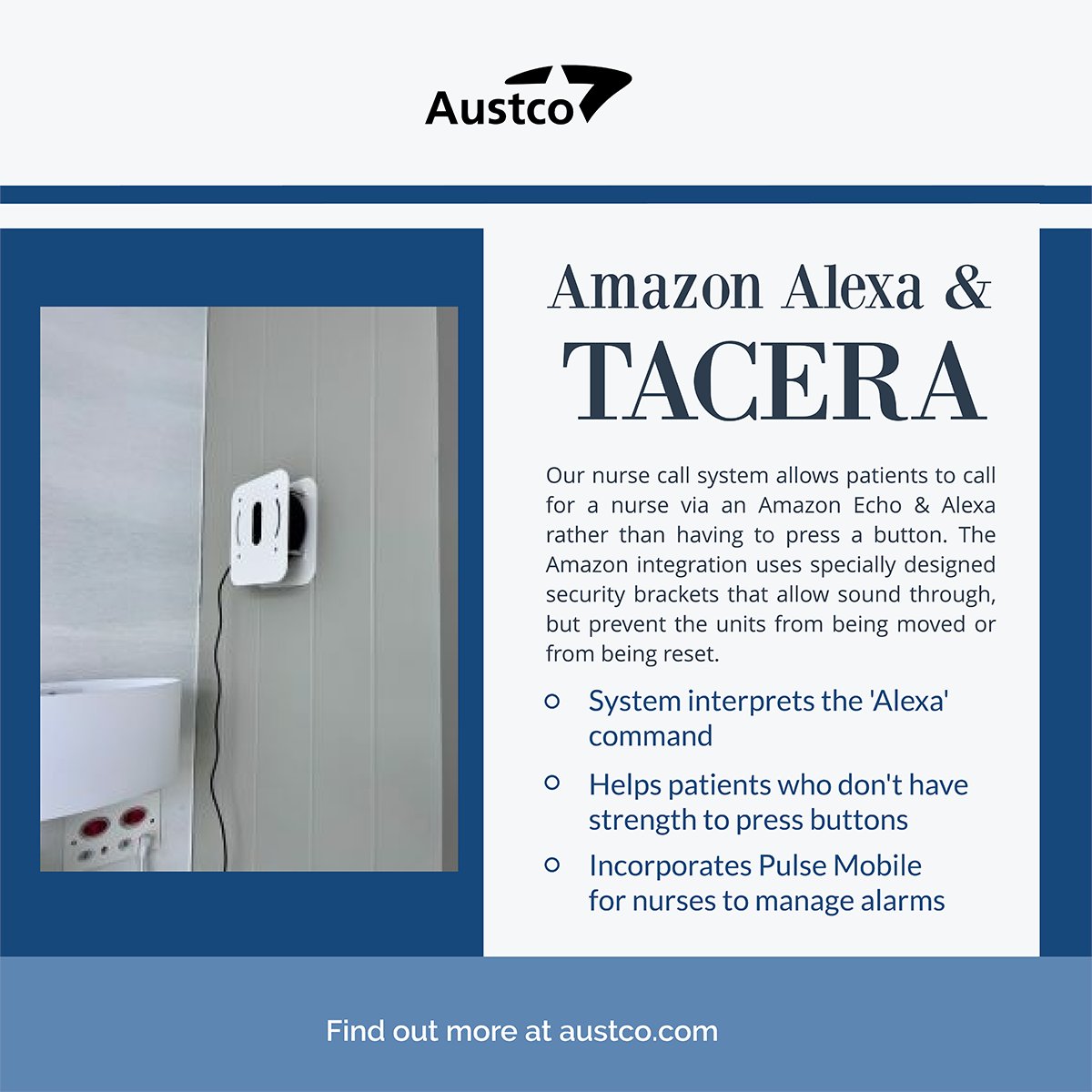 Austco_Com's tweet image. #Tacera nurse call system allows patients to call for a nurse via an Amazon Echo &amp;amp; Alexa rather than having to press a button. #AustcoSolutions #innovation #healthcare #nursecall #amazonalexa #patientexperience