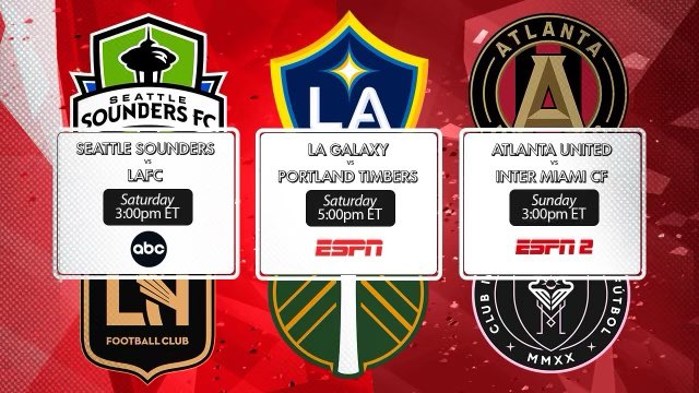 TaylorTwellman's tweet photo. We got you covered on @abc @espn networks this weekend for @MLS. @sounders host @LAFC, @LAGalaxy host @TimbersFC while @ATLUTD play @InterMiamiCF. #Sounders #LAFC #LaGalaxy #RCTID #UniteAndConquer #InterMiamiCF https://t.co/id9roksGIV