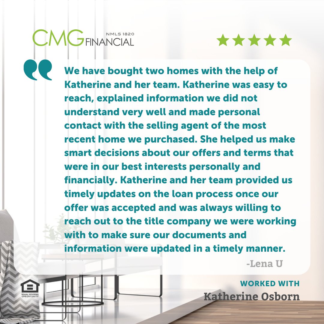 KOsbornCMG's tweet photo. Seeing reviews like this one really make us smile! My team and I are so happy we could assist you on your new home loan and thank you so much for choosing CMG.
#clienttestimonial https://t.co/aF651HYyiM